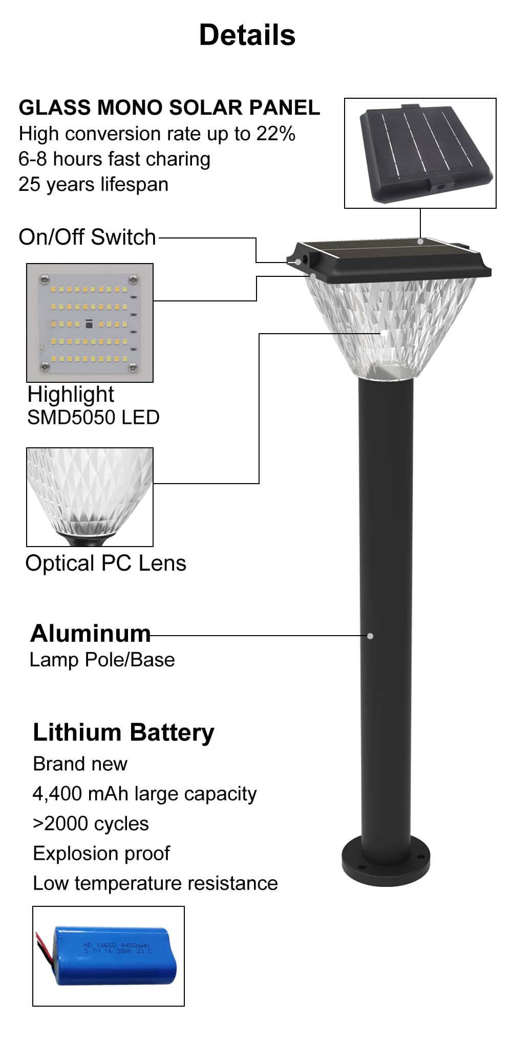 5W Solar Post Lights With Round Light Pole, Magic Series 3000K 4000K 6000K Tunable Solar Garden Lights