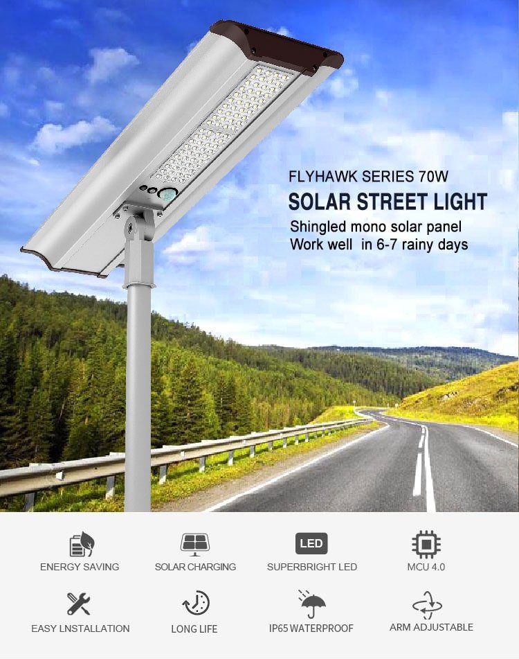 70W All In One Solar Street Light, 7000 Lumen High Brightness Outdoor Dusk to Dawn Solar Panel Light