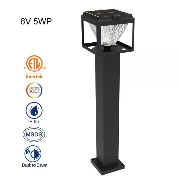 5W Solar Post Lights With Square Light Pole, Magic Series 3000K 4000K 6000K Tunable Solar Garden Lights